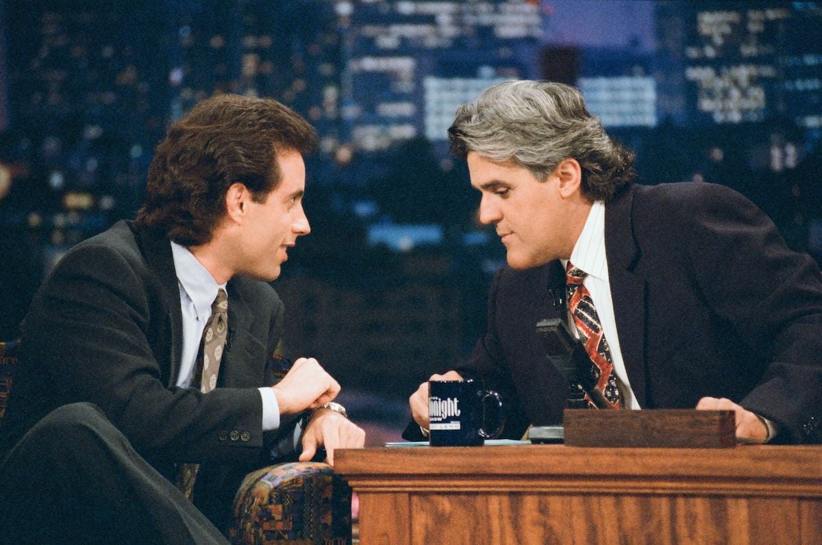 Actor/comedian Jerry Seinfeld leans in to speak with host Jay Leno on The Tonight Show in 1995