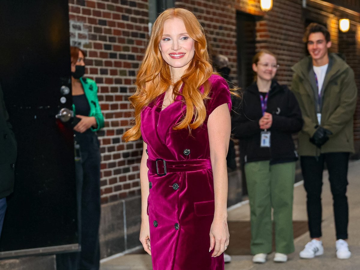 Jessica Chastain smiles for the camera outside a late-show taping.