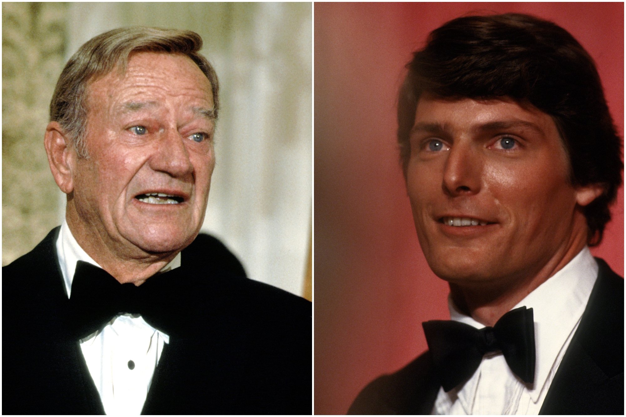 John Wayne and Christopher Reeve. Wayne looks shocked, wearing a tux. Reeve is smiling wearing a tux.