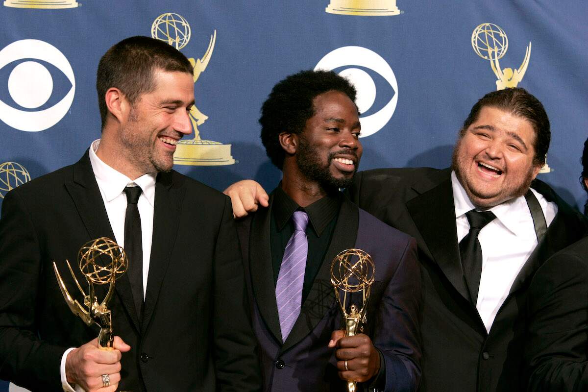 Matthew Fox, Harold Perrineau Jr. and Jorge Garcia of "Lost" celebrate winning Outstanding Drama Series