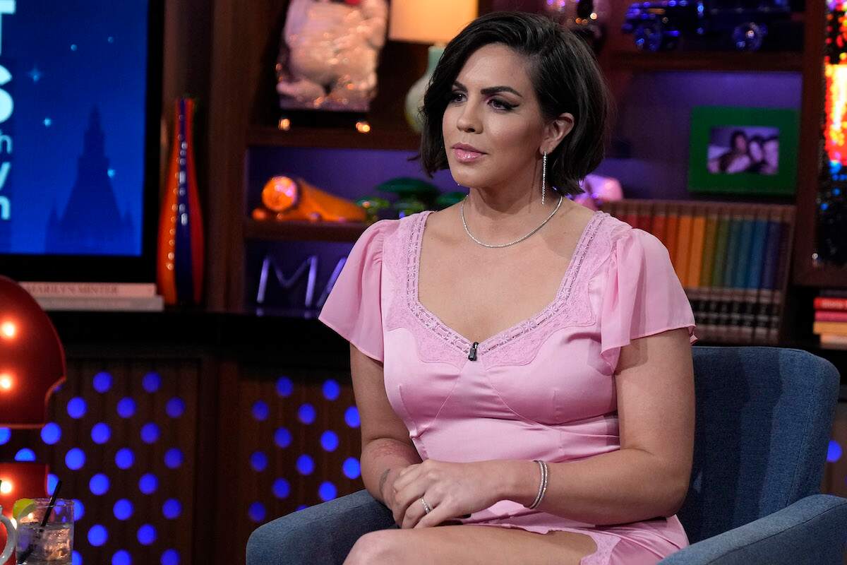 Katie Maloney films a Watch What Happens Live With Andy Cohen episode in a pink dress