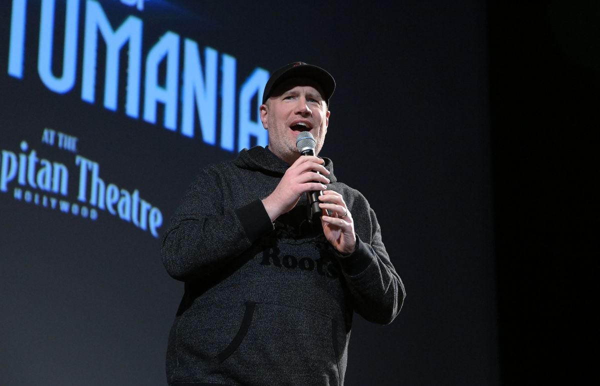 Kevin Feige speaks at an event promoting "Ant Man and the Wasp: Quantumania"