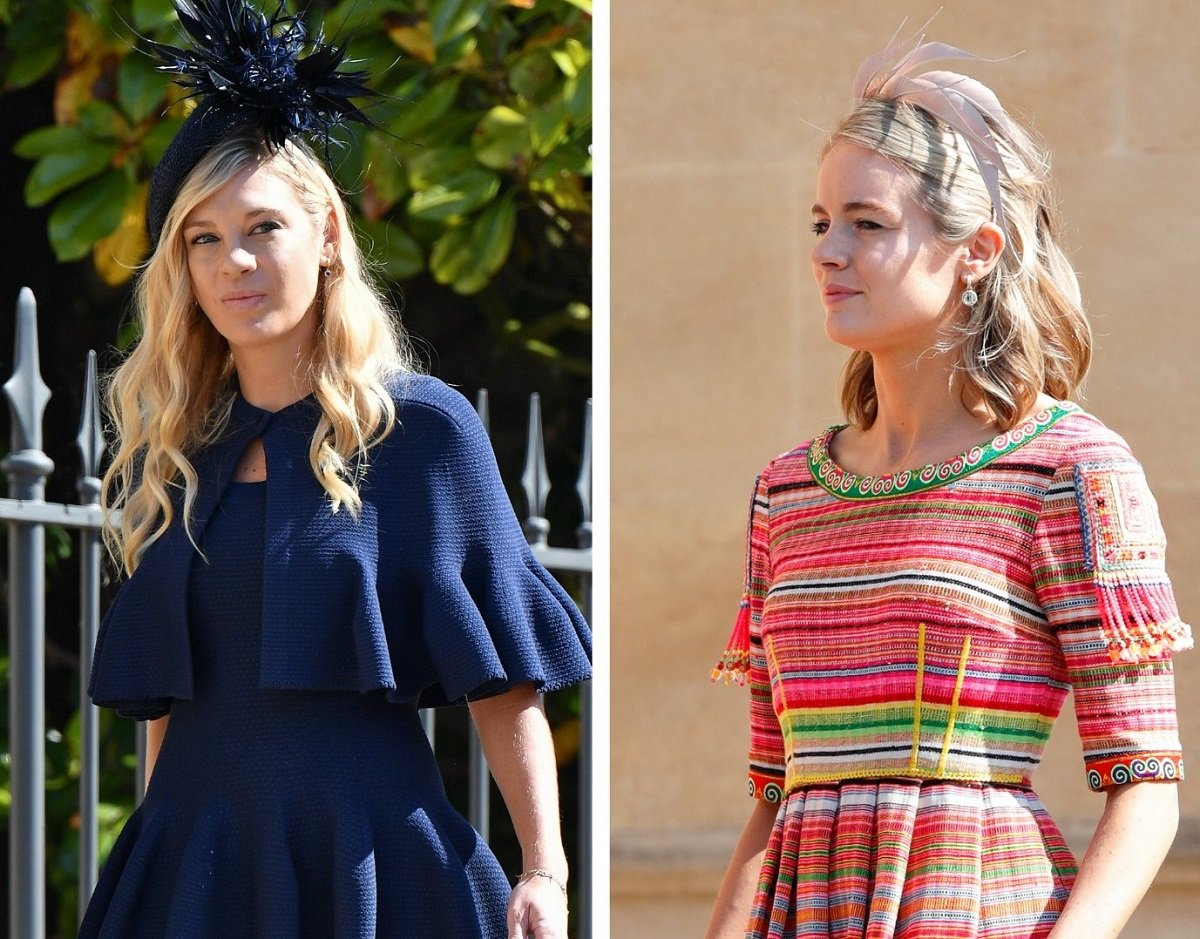 (L) Chelsy Davy arriving at Prince Harry's wedding to Meghan Markle, (R) Cressida Bonas arriving at Prince Harry's wedding to Meghan Markle