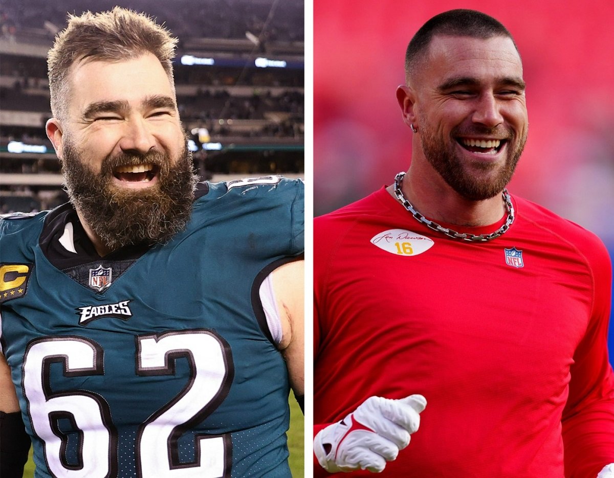(L): Jason Kelce celebrates after defeating the New York Giants in the NFC Divisional Playoff game, (R): Travis Kelce laughing during warm ups before a game against the Los Angeles Rams