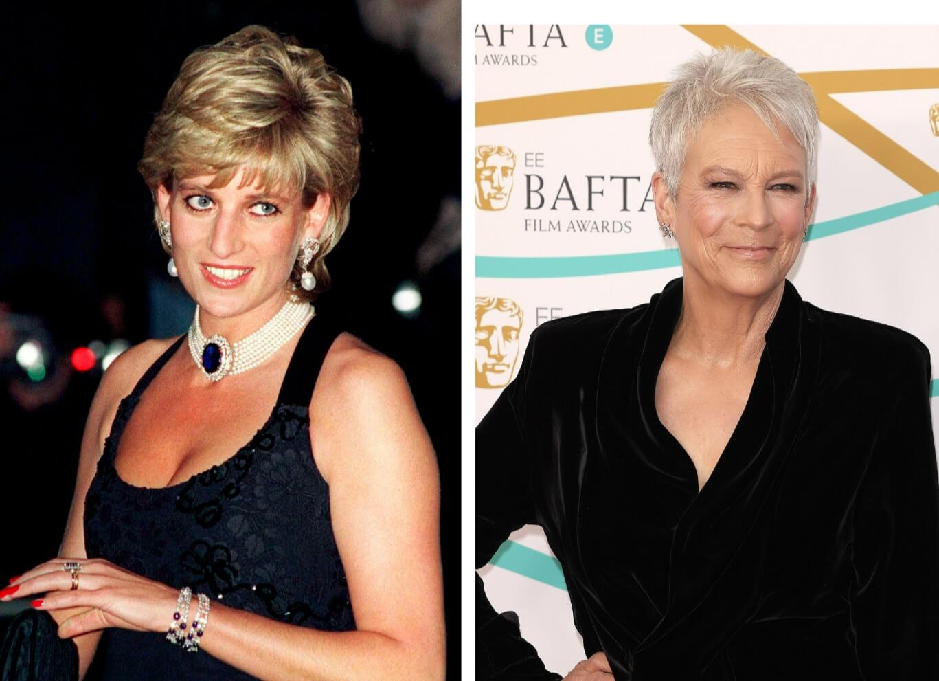 (L) Princess Diana at a cancer research gala in London, (R) Jamie Lee Curtis at the BAFTAs in London