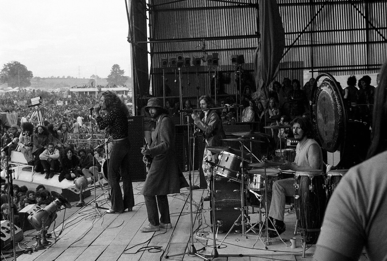 Robert Plant (from left), Jimmy Page, John Paul Jones, and John Bonham on stage as Led Zeppelin perform at the 1970 Bath Festival