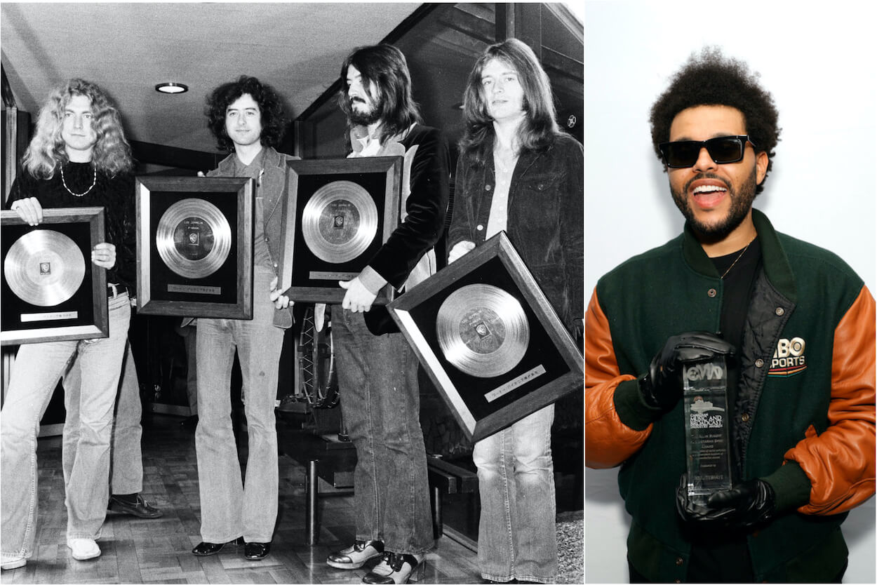 Led Zeppelin's Robert Plant (from left), Jimmy Page, John Bonham, and John Paul Jones hold gold records they received in Tokyo in 1972; The Weeknd shows off the Allan Slaight Humanitarian Award he received in 2022.