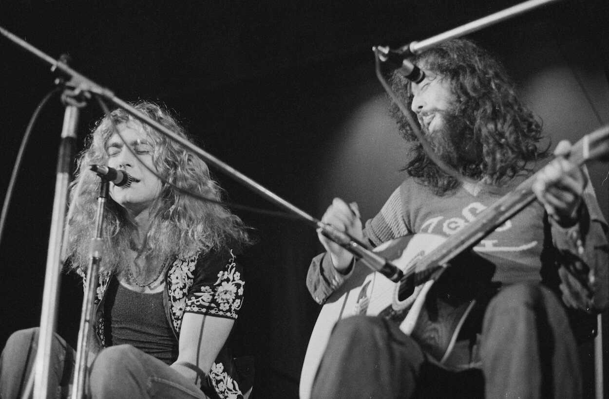 Robert Plant (left) and Jimmy Page perform during a November 1971 Led Zeppelin concert in London.