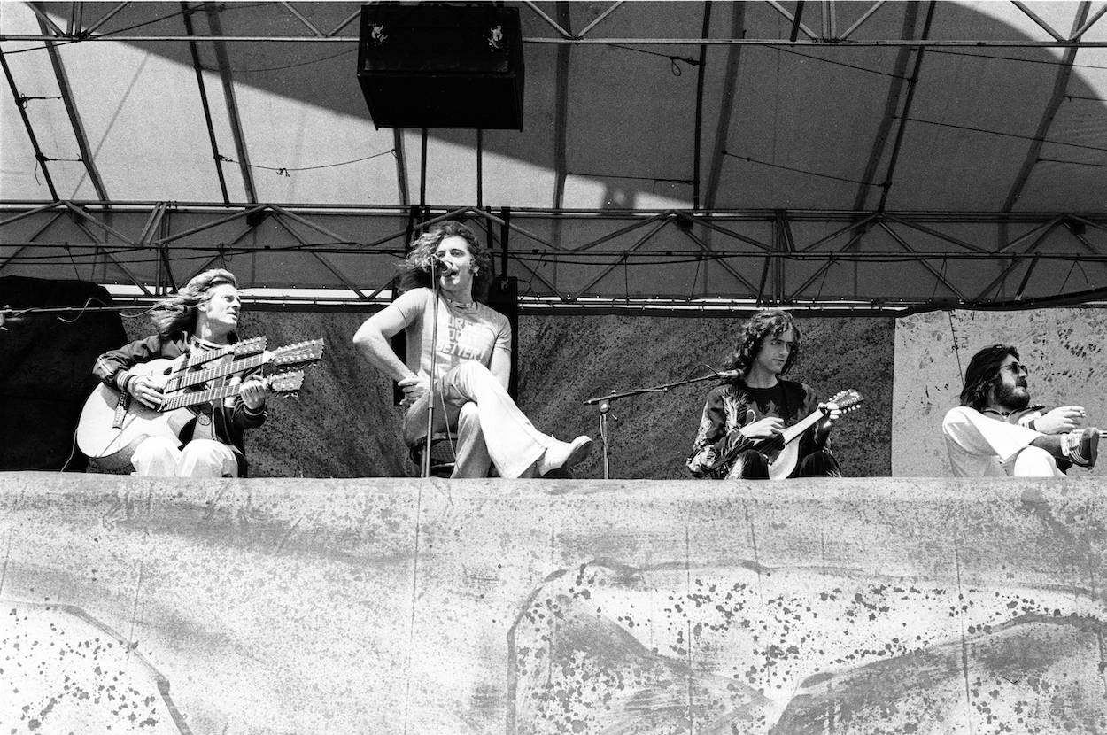 John Paul Jones (from left), Robert Plant, Jimmy Page, and John Bonham during a 1977 Led Zeppelin concert in Oakland, California.