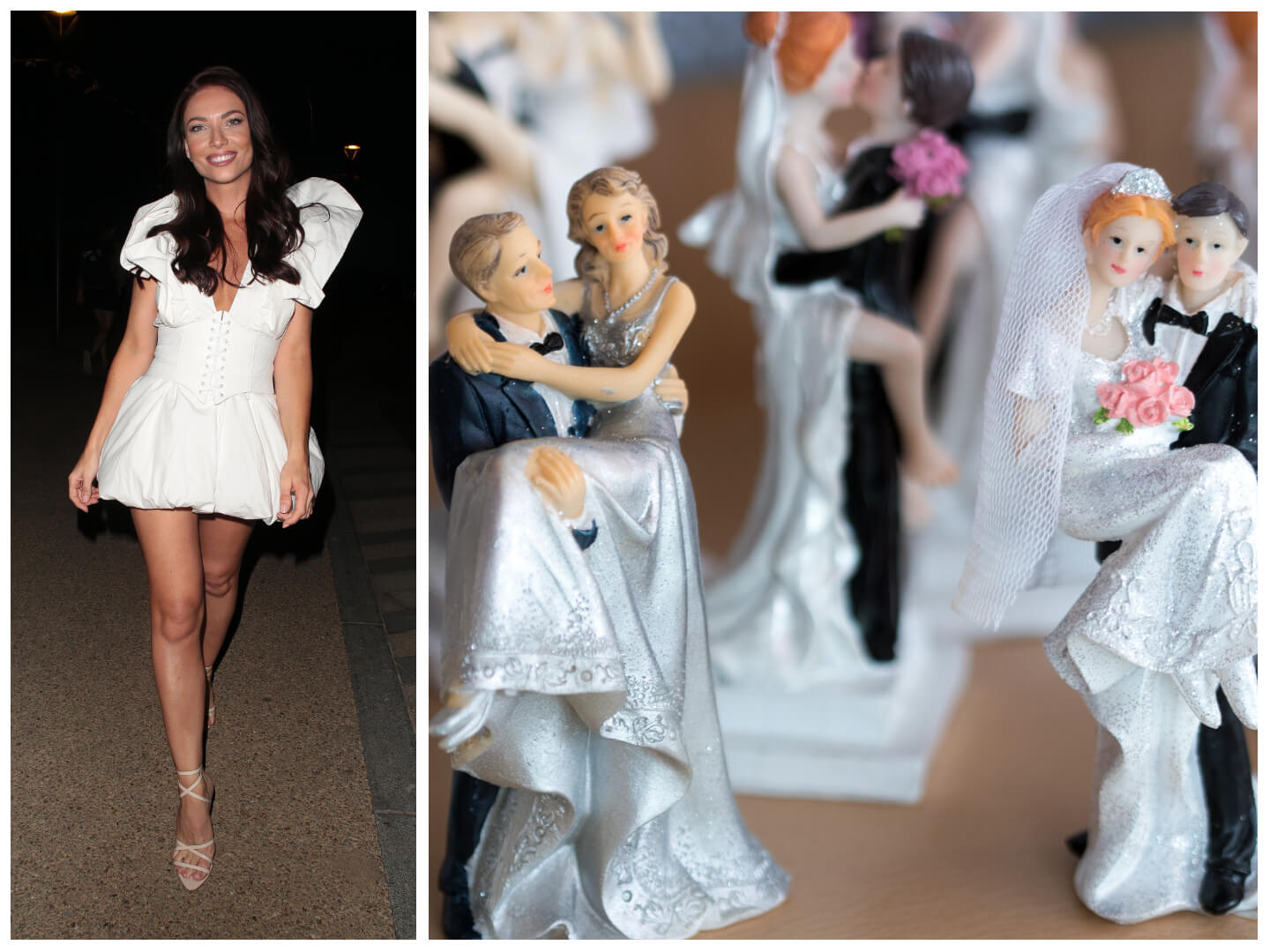 Side by side images of April Banbury from 'Married at First Sight: UK' and bride and groom wedding cake figures