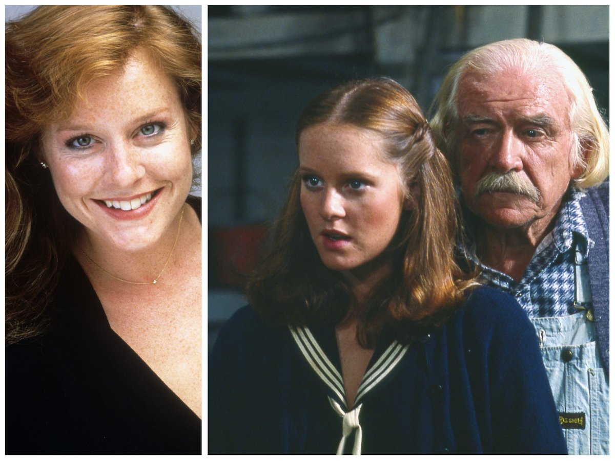 Side by side 1984 portrait of Mary McDonough and photo of McDonough and Will Geer on 'The Waltons'