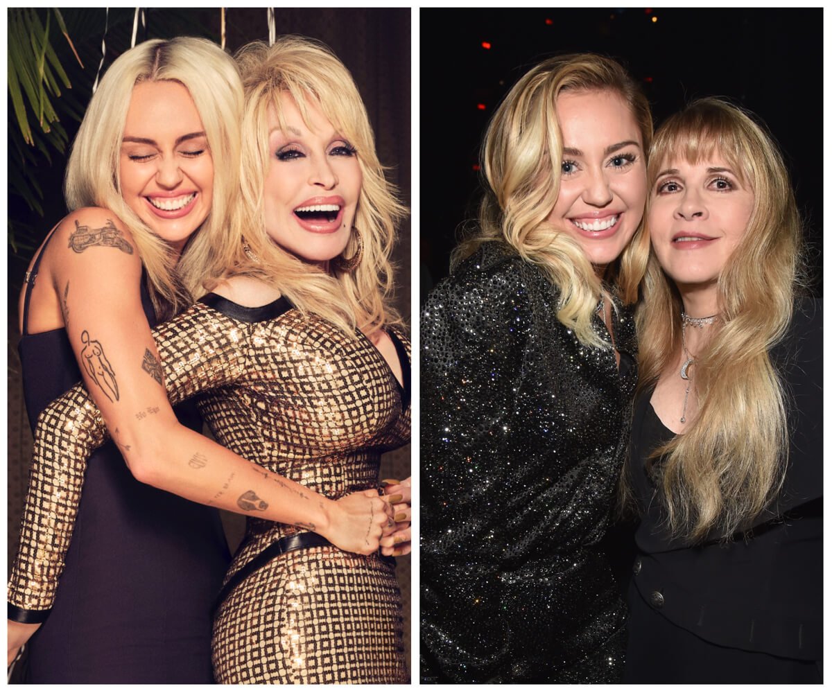 Composite photo of Miley Cyrus hugging Dolly Parton and Miley Cyrus posing with Stevie Nicks.