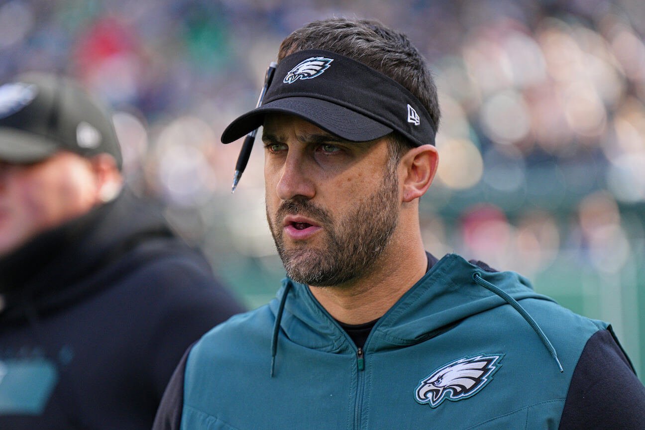 Philadelphia Eagles coach Nick Sirianni on the field in Eagles gear