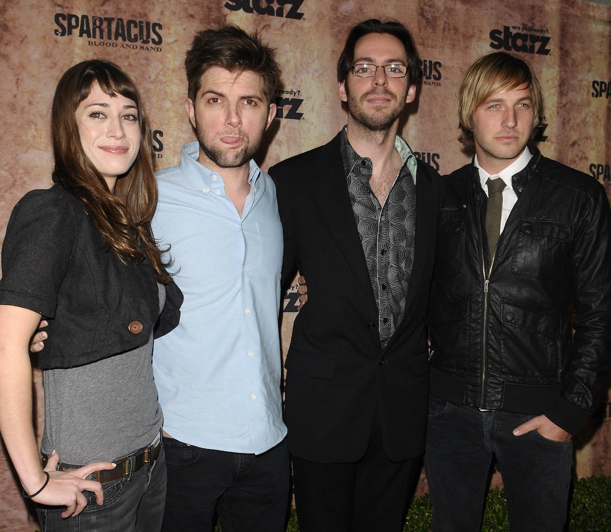 Cast members Lizzy Caplan, Adam Scott, Martin Starr, and Ryan Hansen attend a movie screening in 2010