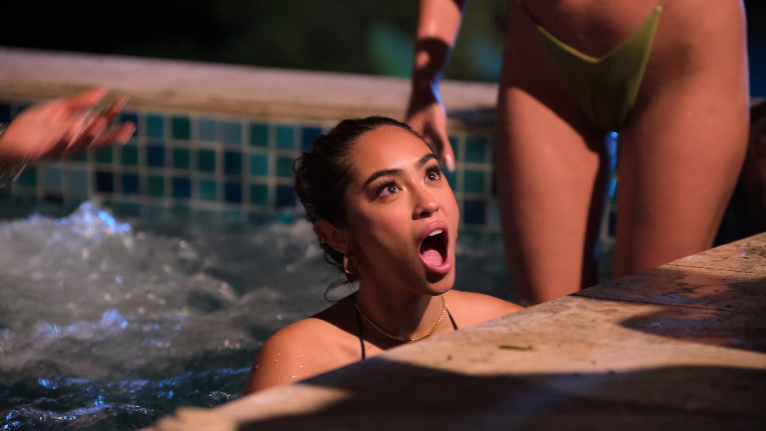 Savannah Palacio looks shocked while swimming in a pool. 'Perfect Match' star Francesca says they cut out Savannah's bullying in the series.