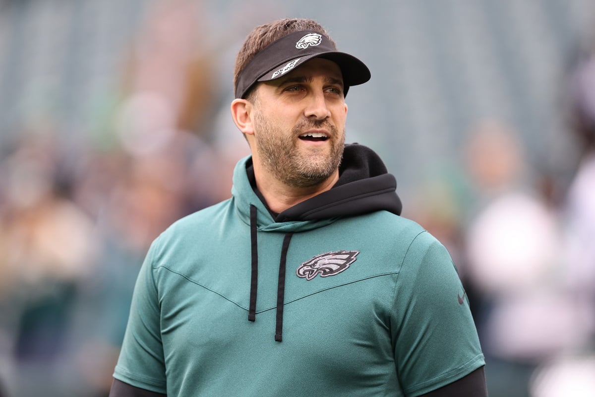 Philadelphia Eagles head coach Nick Sirianni, who's wife is Wife Brett Ashley Cantwell, looks on prior to the NFC Championship Game