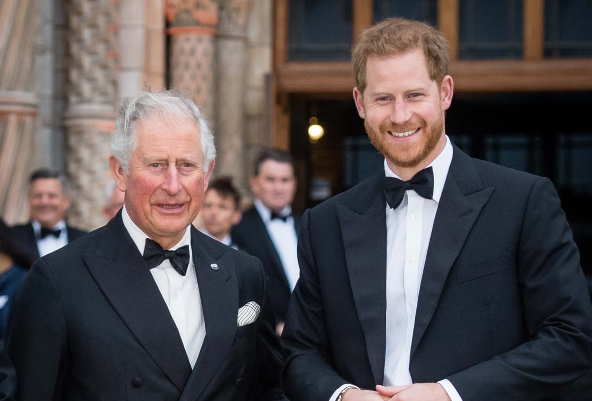 King Charles — then Prince of Wales — and Prince Harry, Duke of Sussex attend the "Our Planet" global premiere at Natural History Museum on April 04, 2019 in London, England