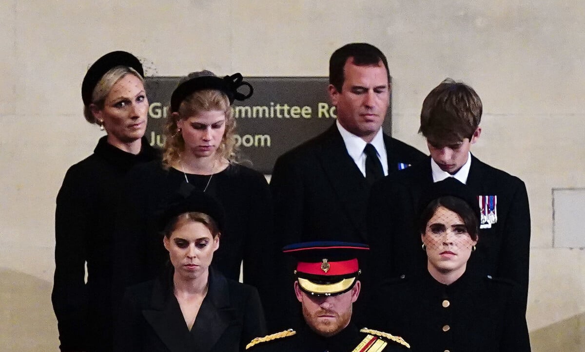 Prince Harry, Princess Beatrice, Princess Eugenie, Lady Louise Windsor, Viscount Severn, Zara Tindall, and Peter Phillips