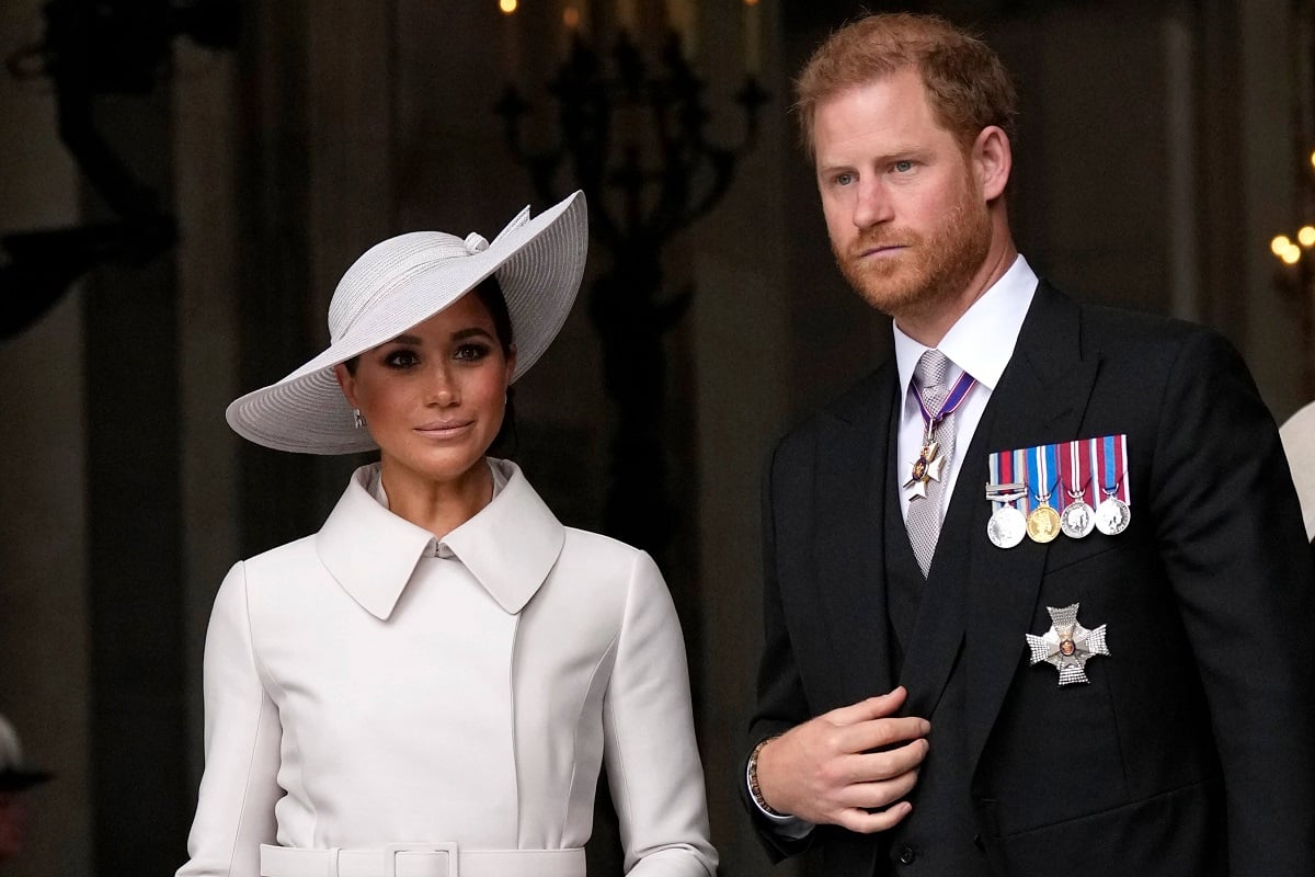 Prince Harry and Meghan Markle leave after a service of thanksgiving for the reign of Queen Elizabeth II 