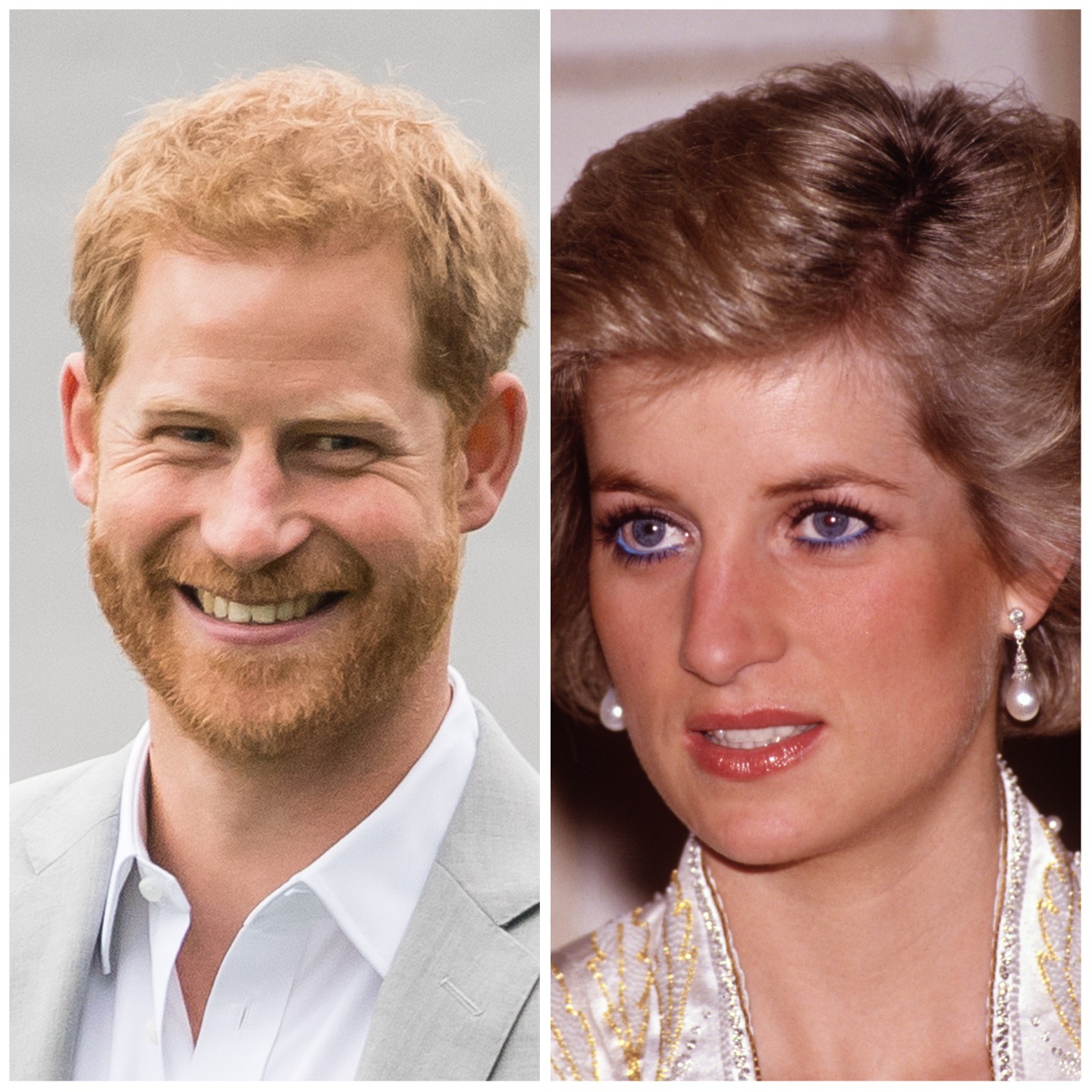 Prince Harry smiles next to a photo of Princess Diana. 