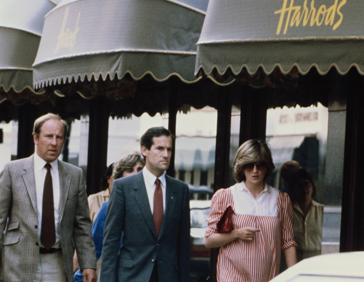 Princess Diana, whose sons Princes William and Harry played video games at Harrods, walks outside the store