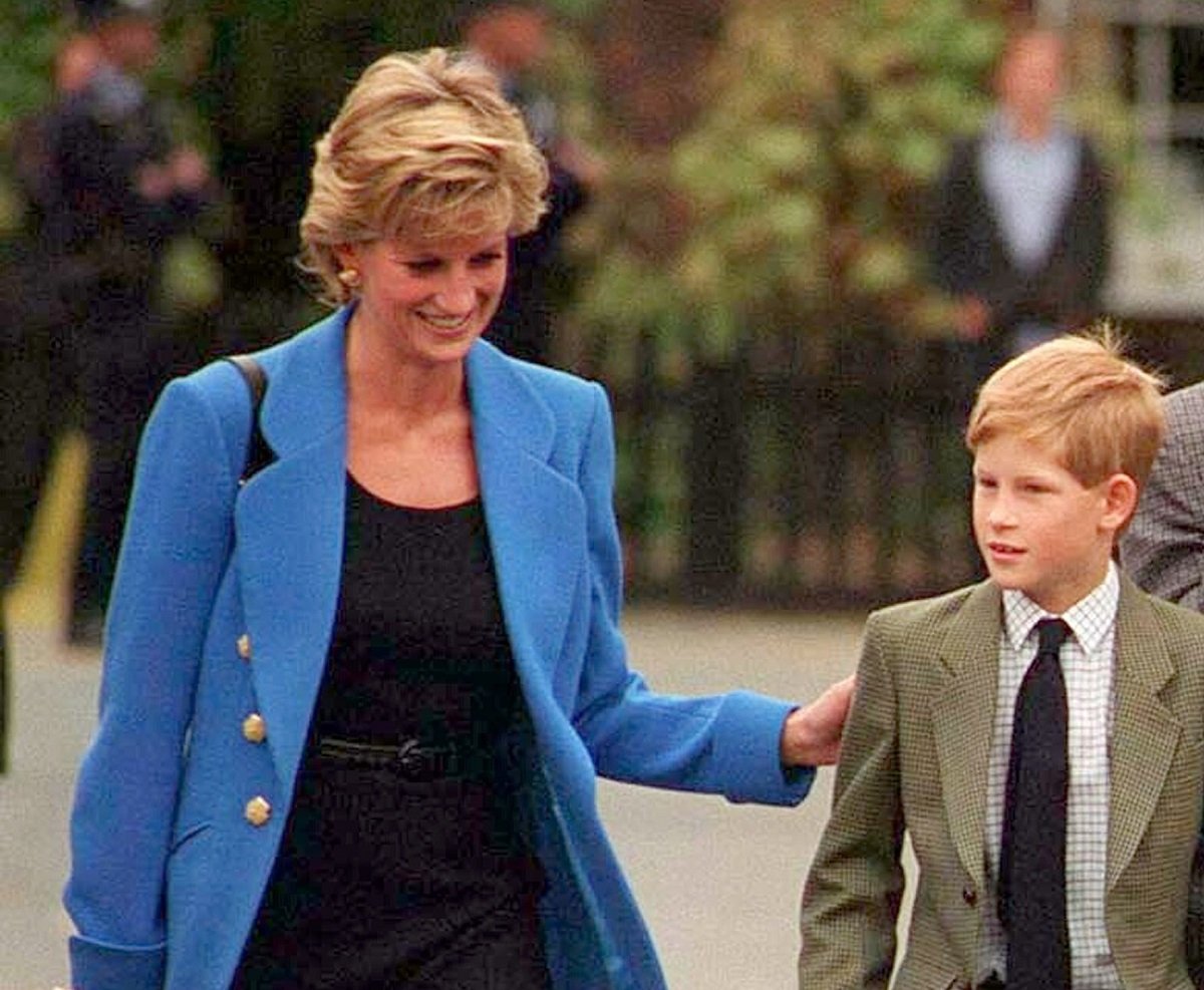 Princess Diana walking with Prince Harry on Prince William's first day at Eton