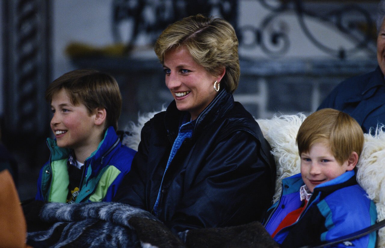 Princess Diana sits between her sons Prince William (L) and Prince Harry (R) in 1993.
