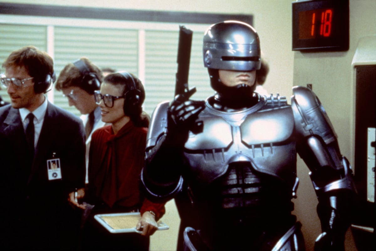 Robocop holds his gun in the R-rated movie