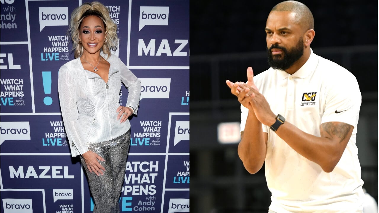 Karen Huger during 'Watch What Happens Live with Andy Cohen'; Head coach Juan Dixon of the Coppin State Eagles cheers on his players during a college basketball game