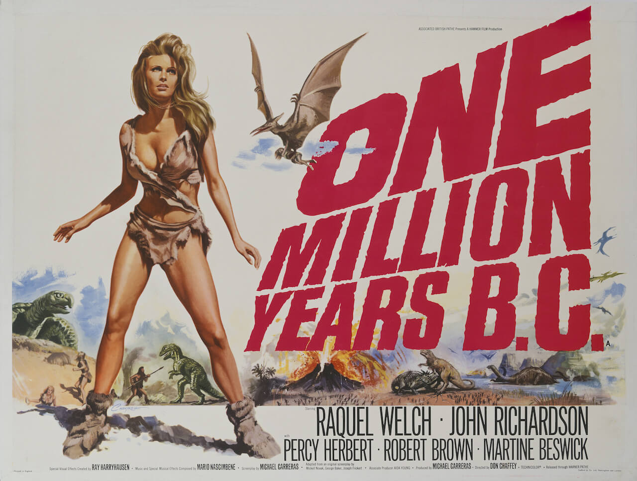 A poster for Don Chaffey's 1966 adventure-fantasy, 'One Million Years B.C.', starring, Raquel Welch