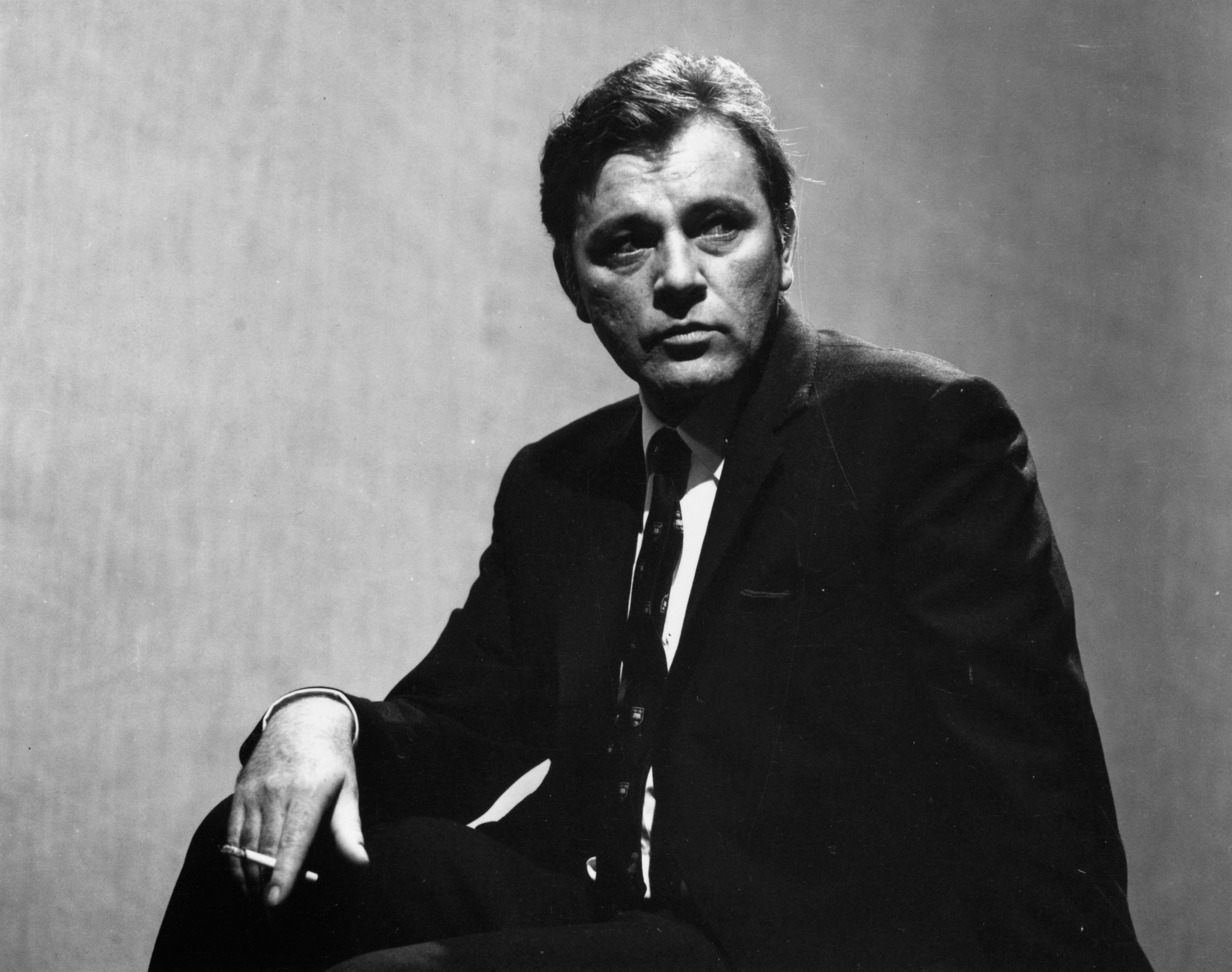 A black-and-white photo of Richard Burton