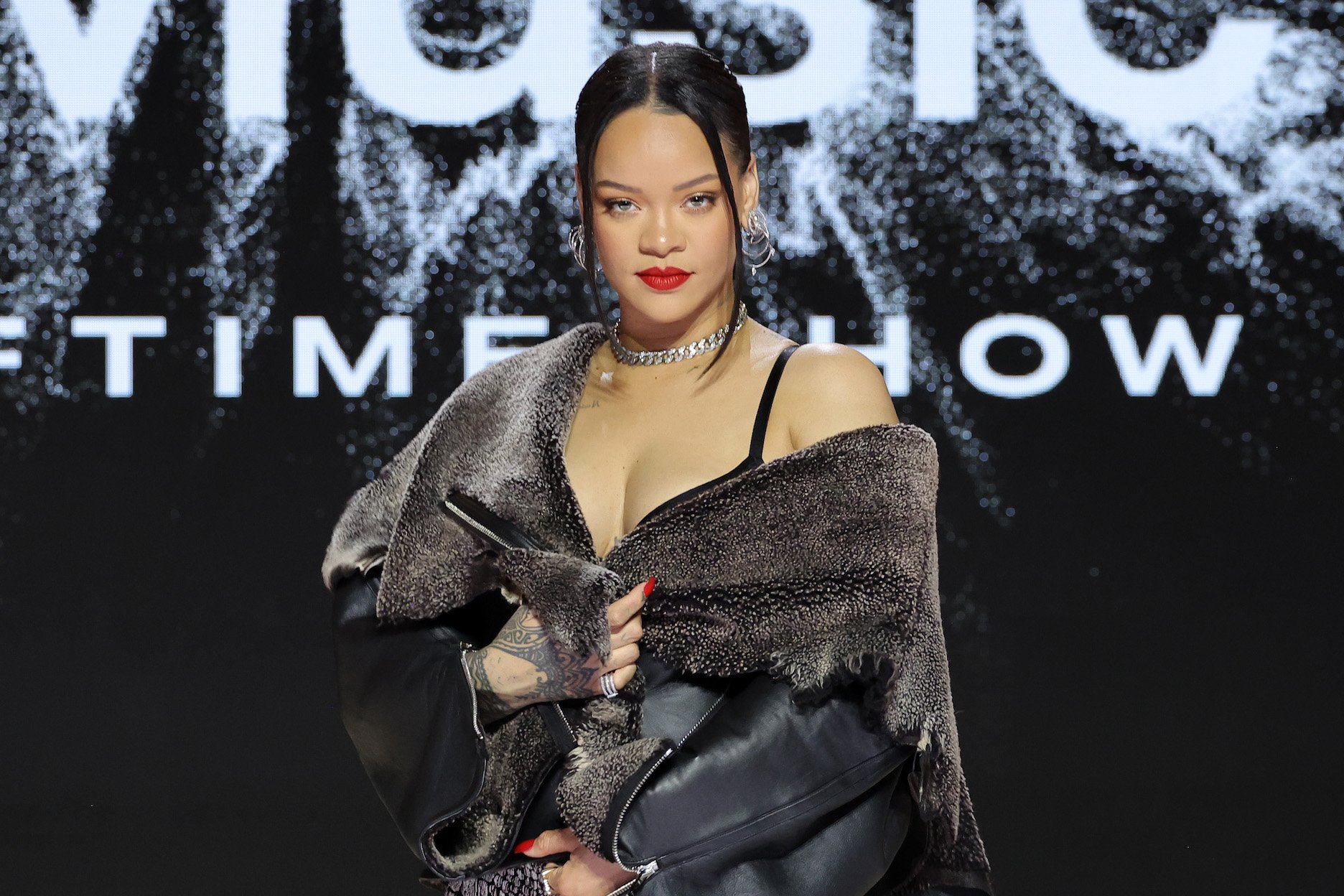 Rihanna attends a press conference for the Super Bowl LVII Halftime Show