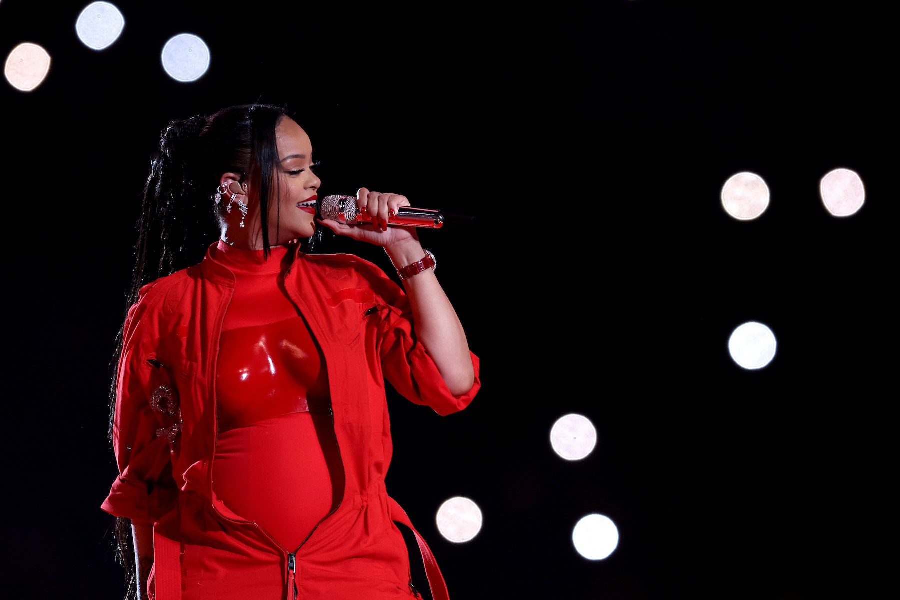 Rihanna performing her hits at the Super Bowl halftime show