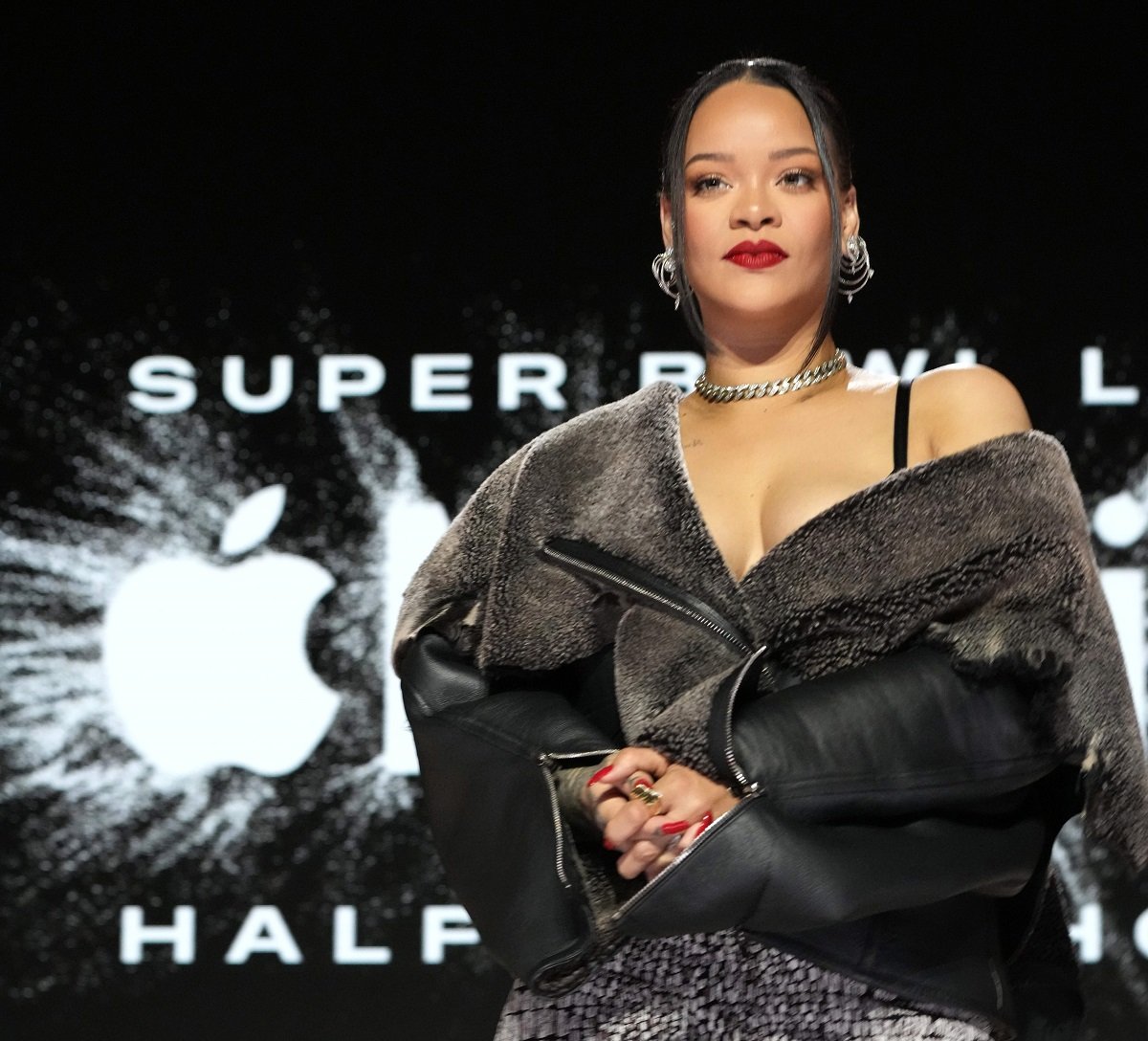 Rihanna poses onstage during the Apple Music Super Bowl LVII Halftime Show Press Conference