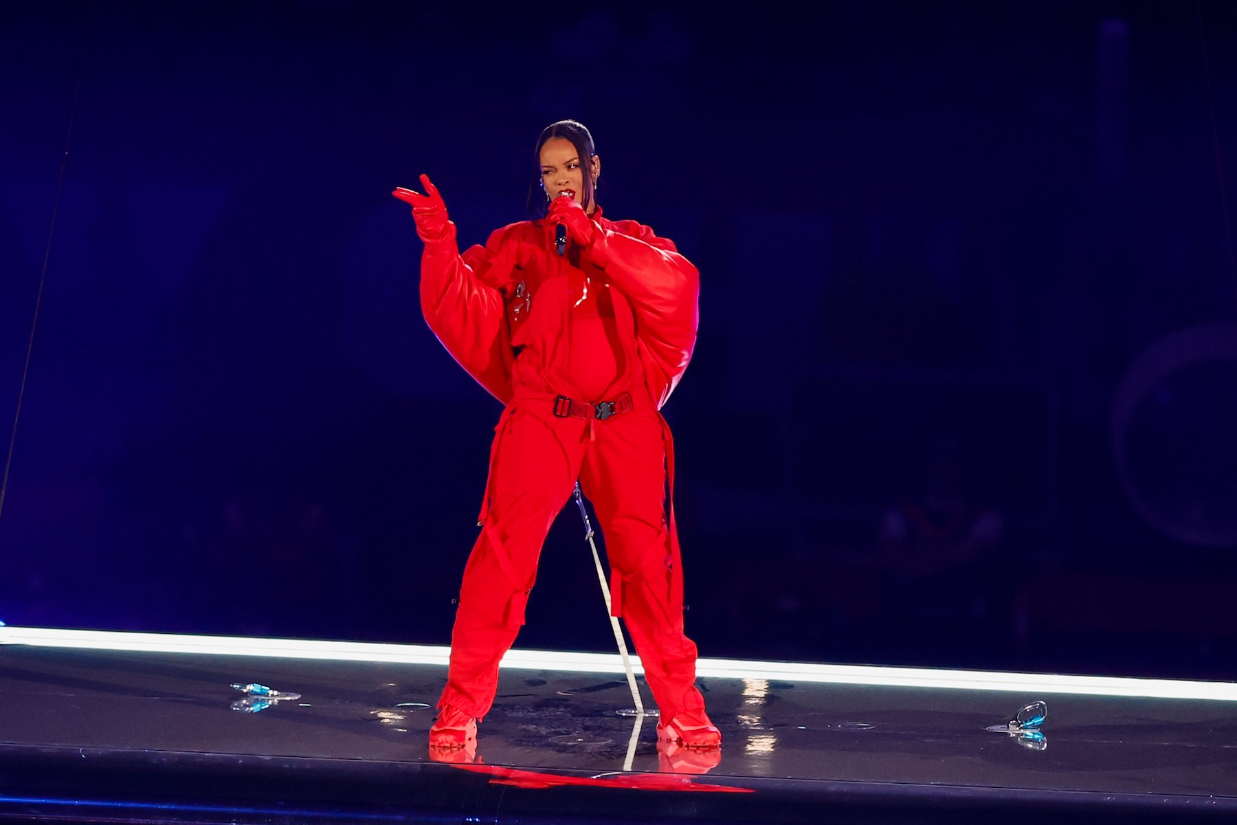 A pregnant Rihanna performs during the Super Bowl LVII halftime show