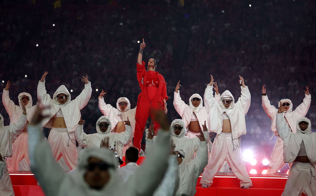 Rihanna performs onstage during the Apple Music Super Bowl LVII Halftime Show at State Farm Stadium on February 12, 2023 in Glendale, Arizona.