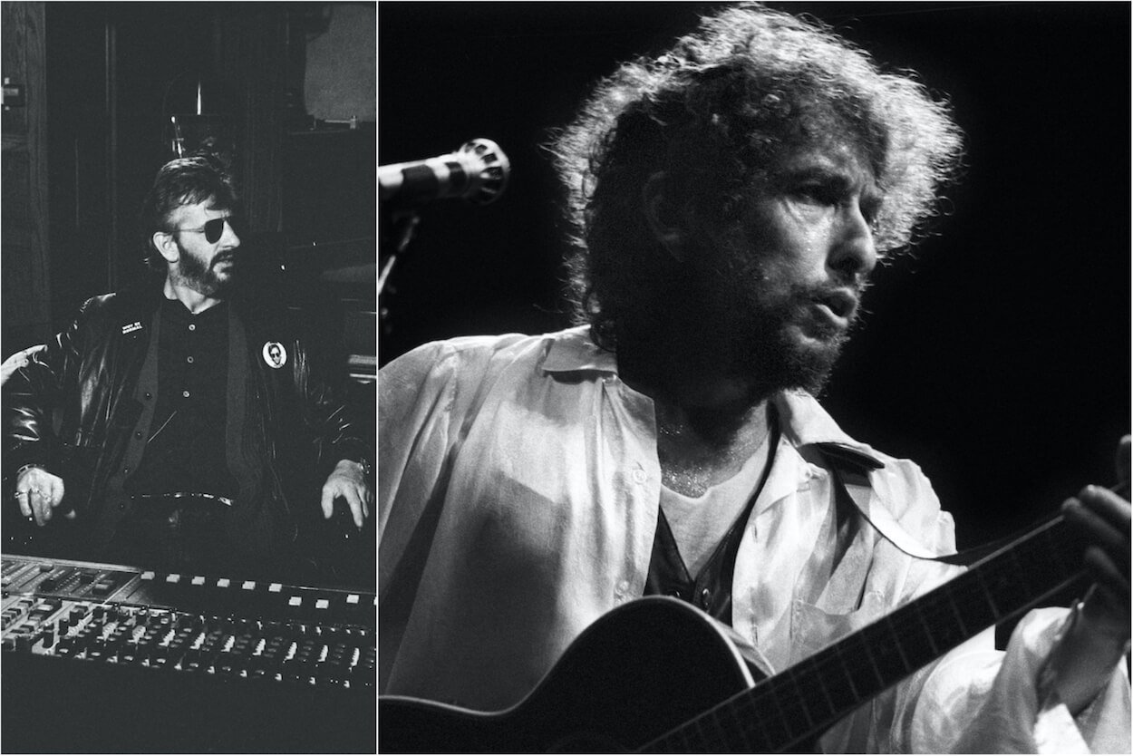 Ringo Starr (left) sits in the studio in 1986; Bob Dylan plays guitar while performing in the Netherlands in 1987.
