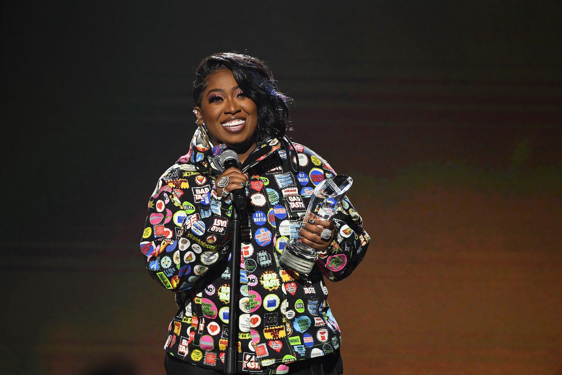 Missy Elliott, one of the Rock and Roll Hall of Fame 2023 nominees, on stage speaking into a microphone