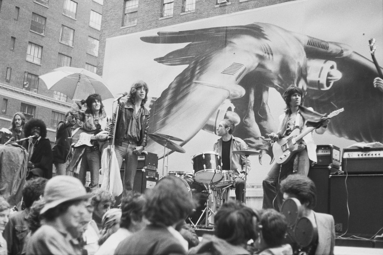 The Rolling Stonespromote their 1975 tour from a flatbed truck in New York City.
