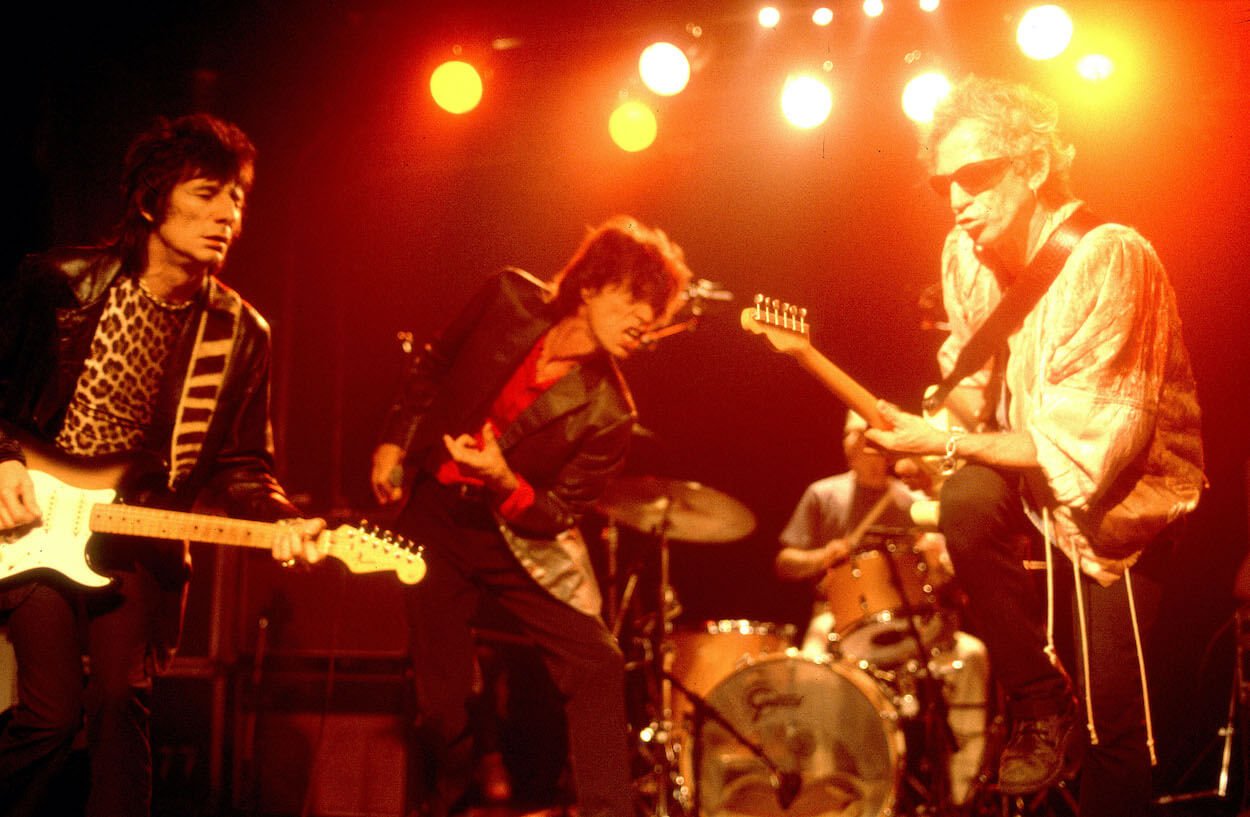 Ronnie Wood (from left), Mick Jagger, and Keith Richards of the Rolling Stones play at a club in Chicago in 1997.