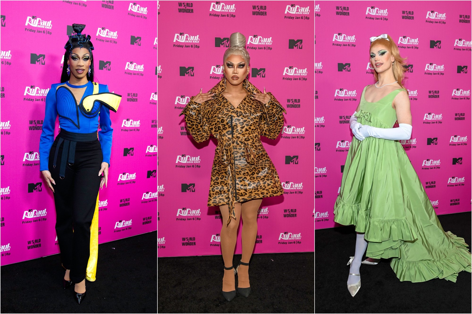 'RuPaul's Drag Race' Season 15 Robin Fierce, Aura Mayari, and Marcia Marcia Marcia standing in front of a pink step and repeat, posing with their garments