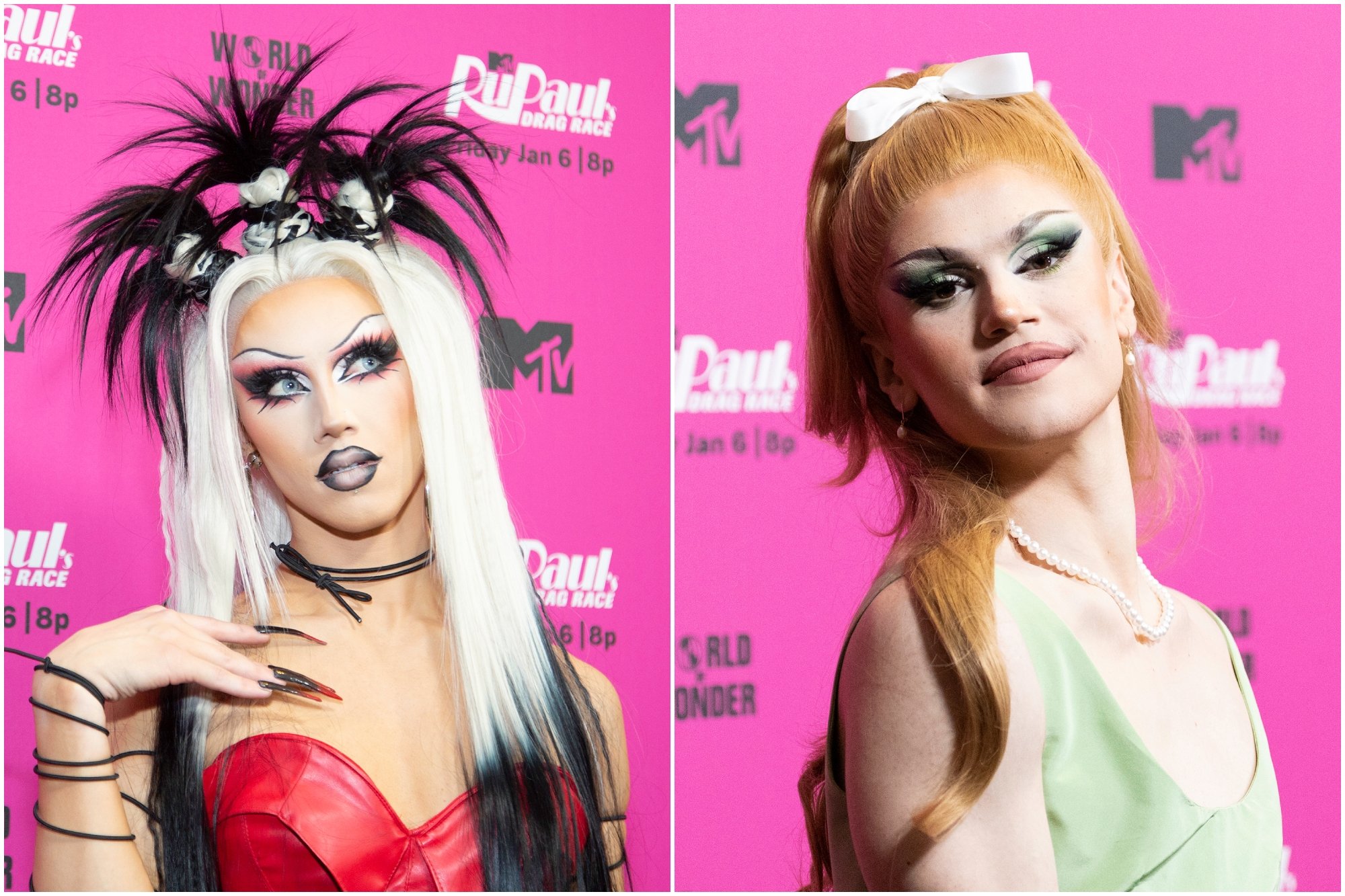 'RuPaul's Drag Race' Season 15 Spice and Marcia Marcia Marcia standing in front of pink step and repeat in red and green costumes