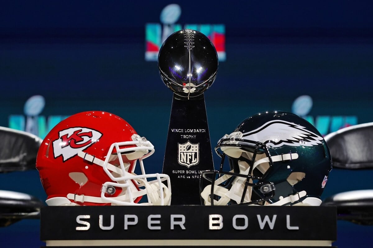A view of the Vince Lombardi Trophy and the helmets of the Kansas City Chiefs and the Philadelphia Eagles before a press conference for NFL Commissioner Roger Goodell at Phoenix Convention Center on February 08, 2023