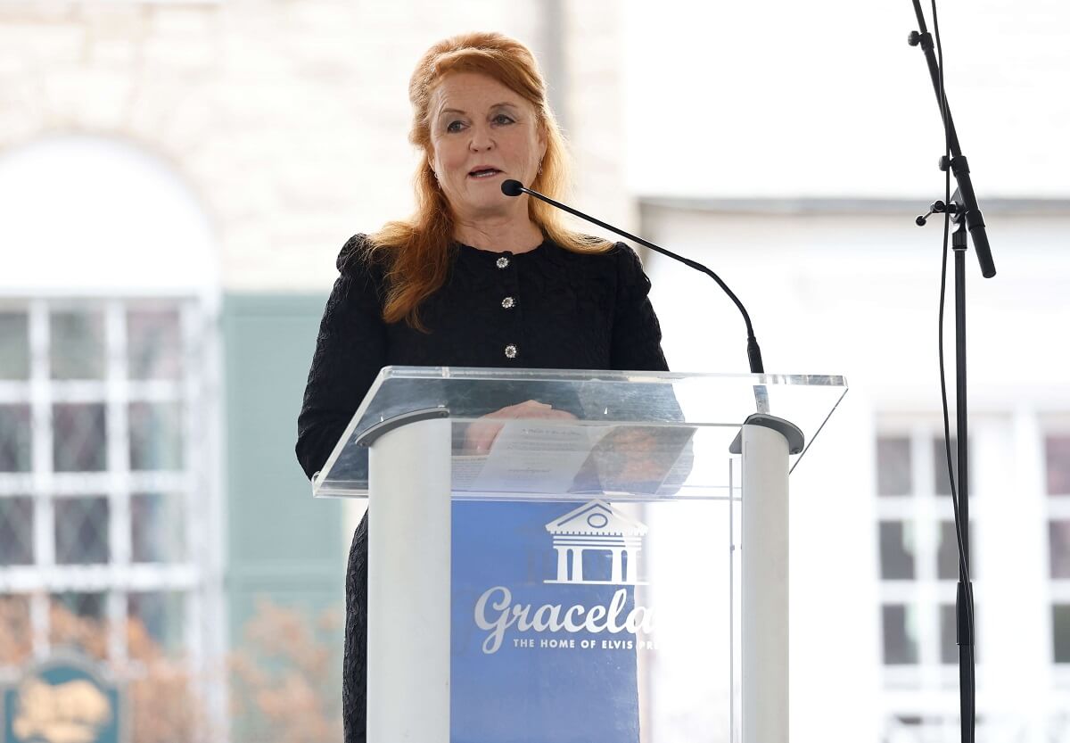Sarah Ferguson, who will answer questions about Prince Harry and Meghan Markle, speaks at the public memorial for Lisa Marie Presley