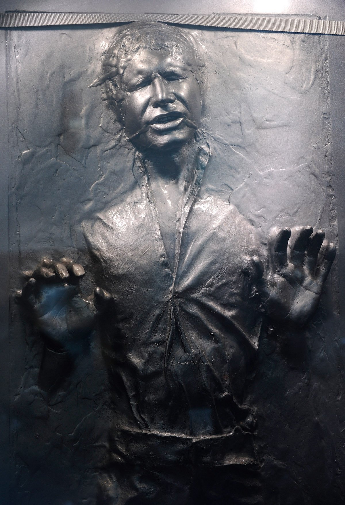 The Star Wars prop of actor Harrison Ford's Han Solo character frozen in carbonite is displayed at the museum exhibit of "Star Wars: In Concert" in 2010