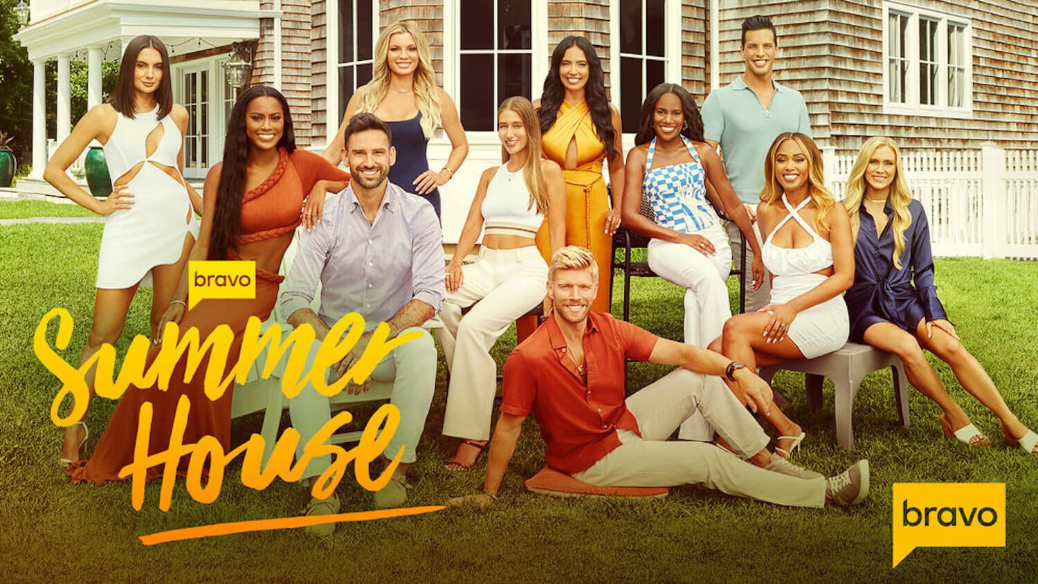 'Summer House' star May and boyfriend Oliver break up. In the photo, the 'Summer House' stands in front of their rental with the logo of the show to the left.