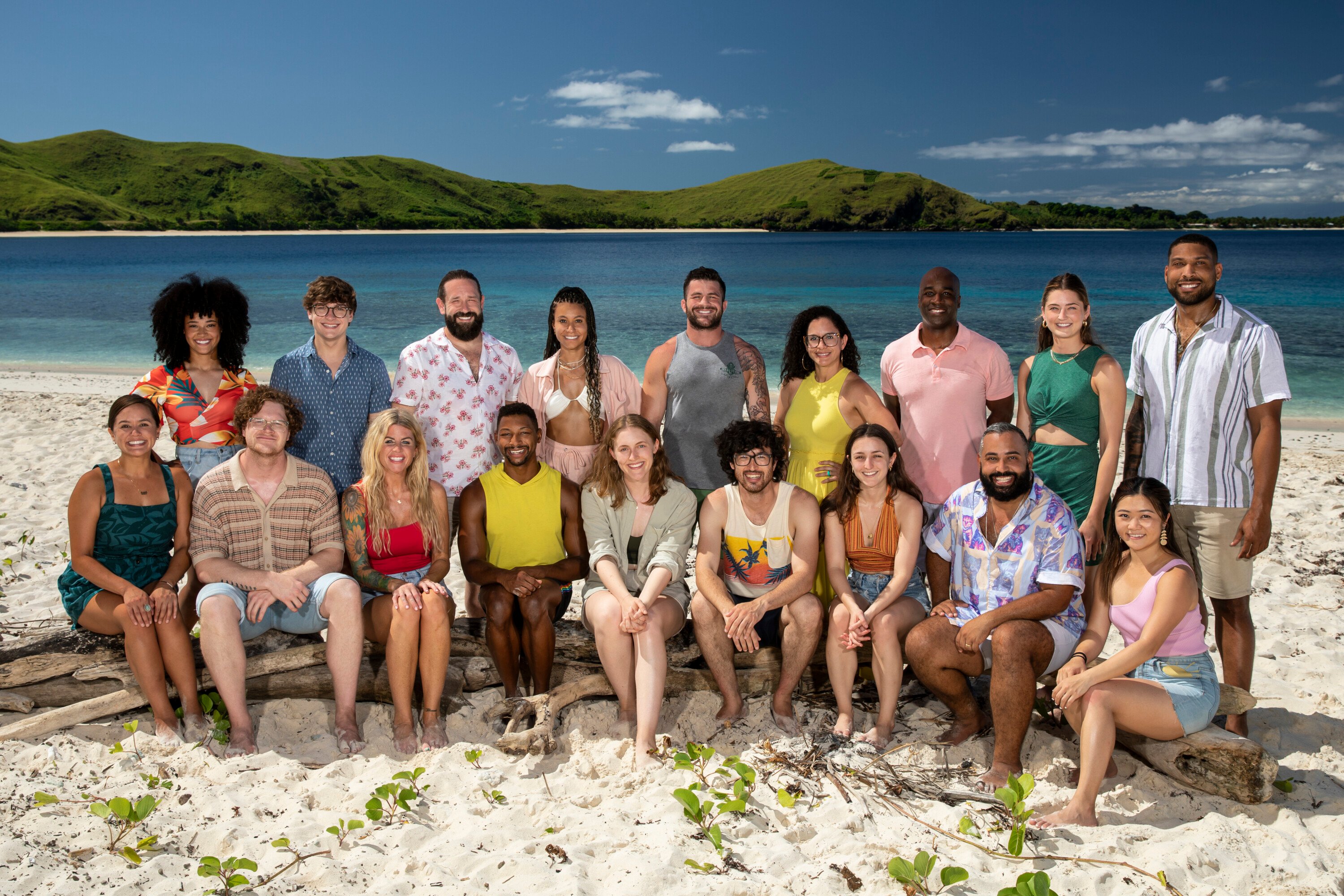 The 'Survivor' Season 44 cast poses for photos on the beach.