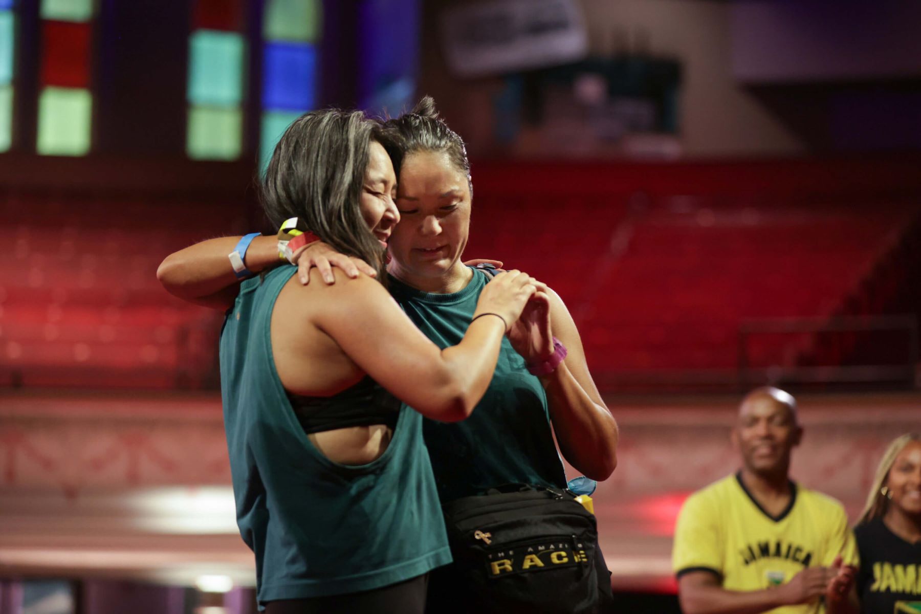 Emily Bushnell and Molly Sinert, one of the teams who competed in 'The Amazing Race' Season 34, hug at the finish line.