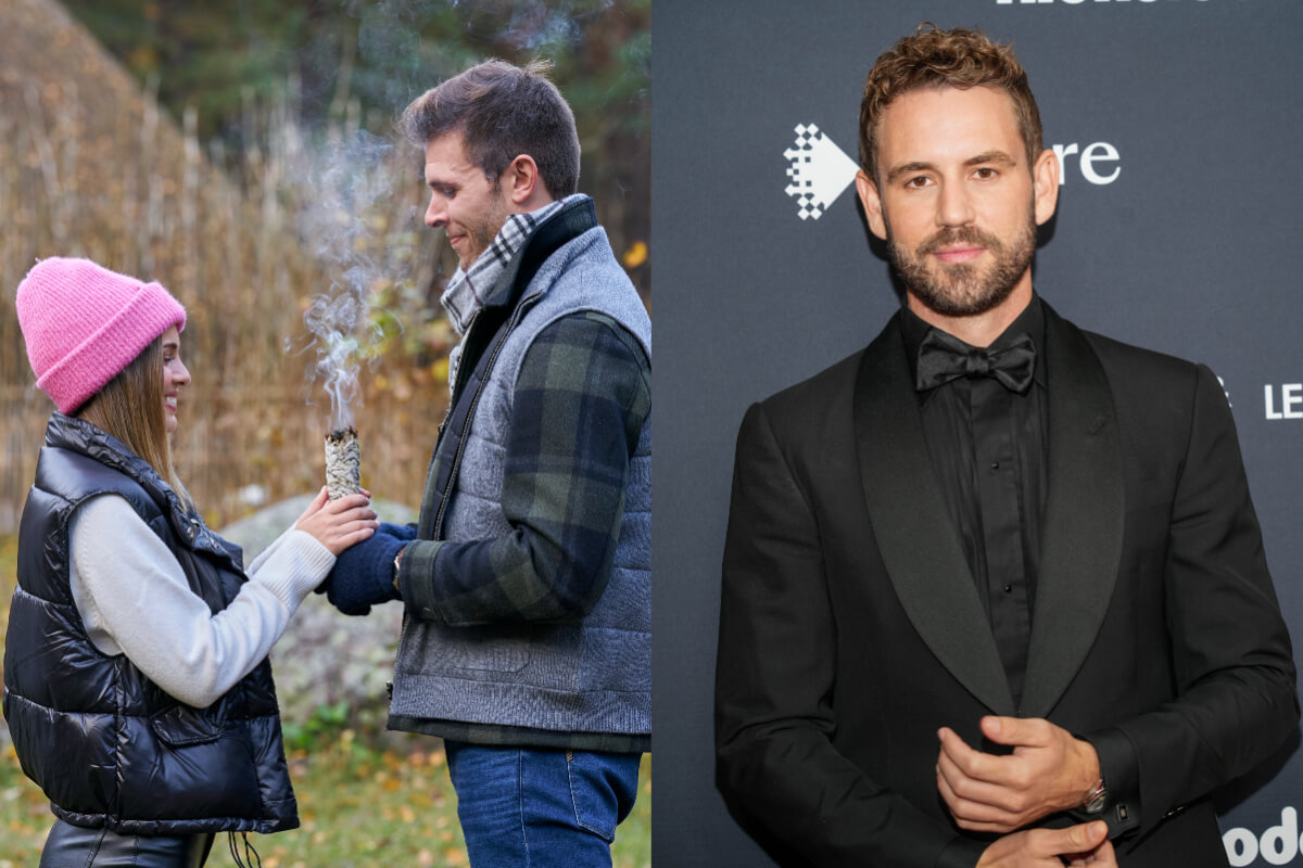 (L) During The Bachelor 2023 Jess and Zach hold a piece of burning sage. (R) Nick Viall wears a black tuxedo.