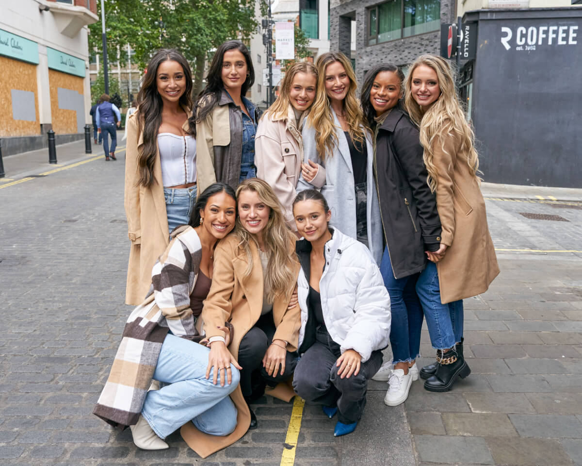 During The Bachelor 2023, Kylee, Ariel, Jessica, Katherine, Aly, Brooklyn, Mercedes, Kaity, and Greer pose for a photo in London.